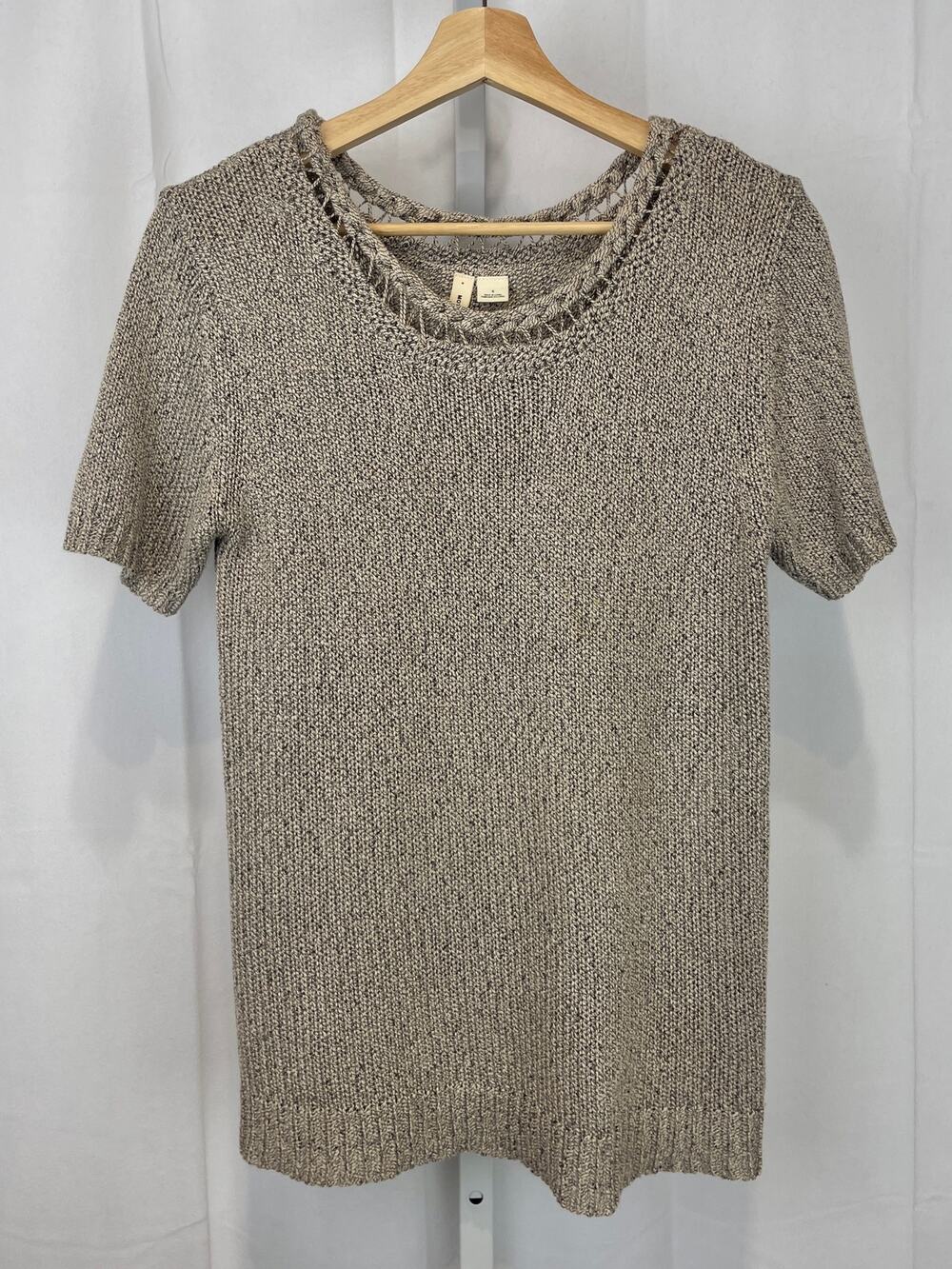 MOTH Anthropologie Lattice Neck Short Sleeve Sweater Marled Knit Top Beige S